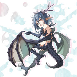 Rule 34 | 1girl, blue hair, claws, dragon girl, dragon tail, dragon wings, fang, from behind, himesuzu, horns, looking at viewer, looking back, monster girl, nude, open mouth, original, pointy ears, red eyes, scales, short hair, solo, tail, wings