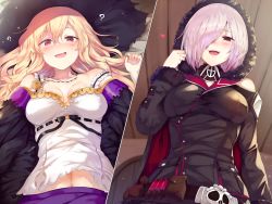 Rule 34 | 2girls, :d, ?, bed sheet, belt, black coat, blonde hair, blush, clothing cutout, coat, collarbone, dorothy (shingeki no bahamut), from above, from below, fur coat, hair over one eye, hood, hooded coat, jewelry, long hair, long sleeves, looking at viewer, lying, midriff, multiple girls, multiple pov, necklace, on back, open mouth, pillow, pov, red eyes, shadowverse, shirt, short hair, shoulder cutout, silver hair, smile, split screen, standing, stomach, white shirt, wizardess of oz, yamato (muchuu paradigm)