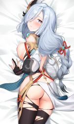 Rule 34 | acco (sh in), ass, bare shoulders, bed sheet, black bodysuit, black gloves, blue eyes, blue nails, blush, bodysuit, braid, breast press, breasts, breasts out, closed mouth, clothing cutout, cowboy shot, from above, from behind, genshin impact, gloves, grey hair, hair over one eye, hair ribbon, highres, loincloth aside, long hair, long sleeves, looking at viewer, looking back, looking up, lying, medium breasts, nail polish, nipples, on bed, on stomach, partially fingerless gloves, puffy long sleeves, puffy sleeves, red ribbon, ribbon, shenhe (genshin impact), shoulder cutout, single braid, tassel, torn bodysuit, torn clothes, very long hair, vision (genshin impact)