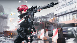 Rule 34 | 1girl, absurdres, arknights, assault rifle, barbed wire, barricade, black footwear, black gloves, black pants, building, car, city, cloud, cloudy sky, commentary request, debris, detached wings, earpiece, exusiai (arknights), fence, fingerless gloves, gloves, gun, halo, highres, holding, holding gun, holding weapon, jacket, jersey barrier, knee pads, kneeling, lamppost, motor vehicle, on one knee, orange eyes, outdoors, pants, red hair, rifle, road, scenery, semi truck, seymour (sai lu er), shoes, short hair, sky, sneakers, solo, sports utility vehicle, tactical clothes, tom clancy&#039;s the division, traffic light, trailer, truck, urban, weapon, white jacket, wings