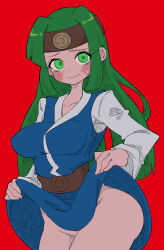 Rule 34 | 1girl, absurdres, blue dress, blush stickers, bottomless, breasts, buzzlyears, clothes lift, collarbone, commentary, covered erect nipples, dress, green eyes, green hair, headband, highres, large breasts, long hair, mega man (series), mega man battle network (series), red background, sal (mega man), simple background, skirt, skirt lift, solo