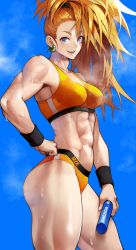 Rule 34 | 1girl, abs, absurdres, bandaid, bandaid on face, bare arms, biceps, blue sky, blush, breasts, captain mizuki, cloud, day, earrings, hand on own hip, highres, jewelry, large breasts, looking at viewer, midriff, muscular, muscular female, navel, one-punch man, orange hair, purple eyes, relay baton, revision, side ponytail, sky, smile, solo, sweat, teeth, thighs, yoshio (55level)