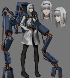 Rule 34 | 1girl, blue eyes, commentary request, hairband, hands in pockets, highres, jittsu, lab coat, loafers, long hair, machinery, mechanical legs, necktie, original, pantyhose, school uniform, shoes, simple background, white hair