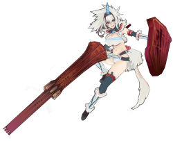 Rule 34 | 1girl, breasts, capcom, elbow gloves, gloves, hairband, highres, horns, kirin (armor), lance, large breasts, long hair, midriff, monster hunter (series), multicolored eyes, panties, polearm, shield, shizumi satou, silver hair, single horn, siskin, spear, teostra, thighhighs, underboob, underwear, weapon