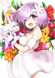 Rule 34 | 1girl, absurdres, bare shoulders, blush, breasts, cleavage, fate/grand order, fate (series), flower, fou (fate), gloves, hair flower, hair ornament, highres, light purple hair, looking at viewer, mash kyrielight, mash kyrielight (formal dress), medium breasts, official alternate costume, open mouth, purple eyes, ranf, short hair, smile, white gloves