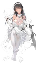 Rule 34 | 1girl, absurdres, assault rifle, between breasts, black hair, blunt bangs, breasts, bridal veil, bullpup, cleavage, dress, elbow gloves, fingerless gloves, flower, full body, girls&#039; frontline, gloves, gun, hair flower, hair ornament, hairband, highres, holding, holding own hair, jewelry, large breasts, long hair, looking at viewer, no shoes, pantyhose, qbz-95, rifle, ring, simple background, sitting, solo, type 95 (girls&#039; frontline), veil, weapon, wedding band, wedding dress, white background, white dress, white gloves, white hairband, white pantyhose, white theme, yellow eyes, zen juraku