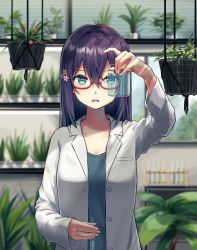 Rule 34 | 1girl, black hair, blue eyes, blurry, blurry background, blush, breast pocket, collarbone, commentary request, depth of field, flower, glasses, hair between eyes, hair flower, hair ornament, highres, holding, holding test tube, indoors, lab coat, long sleeves, nazuna (nazuna a2), original, parted lips, plant, pocket, potted plant, red-framed eyewear, semi-rimless eyewear, solo, standing, test tube, under-rim eyewear, window blinds