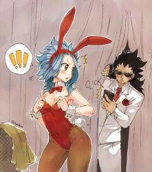 Rule 34 | !, 1boy, 1girl, animal ears, black hair, bow, bowtie, breasts, brown pantyhose, cellphone, choker, cleavage, collarbone, covered navel, cowboy shot, ear piercing, fairy tail, fake animal ears, flower, formal, gajeel redfox, hairband, holding, holding phone, jacket, leotard, levy mcgarden, long hair, necktie, nose piercing, pants, pantyhose, phone, piercing, playboy bunny, rabbit ears, rabbit tail, red bow, red flower, red hairband, red leotard, red neckwear, rusky, shirt, sleeveless, small breasts, smartphone, standing, striped clothes, striped leotard, sunglasses, tail, triangle mouth, white jacket, white pants, white shirt, wrist cuffs
