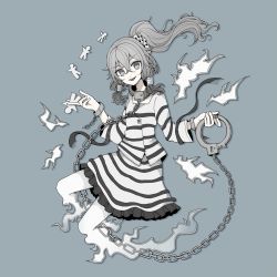 Rule 34 | 1girl, chain, cuffs, foul detective satori, full body, ghost tail, grey background, grey eyes, grey hair, hair between eyes, hair tubes, hiratose02 (mxx 459), long hair, long sleeves, miyadeguchi mizuchi, open mouth, ponytail, prison clothes, shackles, shirt, simple background, skirt, smile, solo, spoilers, striped clothes, striped shirt, striped skirt, touhou