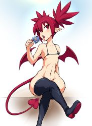 Rule 34 | 1girl, bare arms, bare shoulders, bikini, bikini top only, black bikini, black thighhighs, blue background, boots, bottomless, collarbone, crossed legs, demon girl, demon tail, demon wings, disgaea, earrings, etna (disgaea), female focus, flat chest, food, gradient background, highres, jadf, jewelry, looking to the side, looking up, makai senki disgaea, matching hair/eyes, micro bikini, mini wings, narrow waist, navel, open mouth, pointy ears, popsicle, pussy juice, pussy juice trail, red eyes, red hair, saliva, saliva trail, shiny clothes, shiny skin, short hair, shortstack, simple background, sitting, skull earrings, solo, swimsuit, tail, teeth, thigh boots, thighhighs, thighs, tongue, tongue out, twintails, two-tone background, upper teeth only, white background, wide hips, wings
