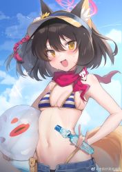 Rule 34 | 1girl, :d, absurdres, animal ear fluff, animal ears, ball, beachball, bikini, blue archive, blush, bottle, breasts, brown hair, fox ears, hair between eyes, halo, highleg, highleg bikini, highres, holding, holding ball, holding beachball, holding bottle, izuna (blue archive), izuna (swimsuit) (blue archive), medium hair, navel, open mouth, red scarf, scarf, small breasts, smile, solo, stomach, striped bikini, striped clothes, swimsuit, upper body, visor cap, water bottle, wet, yellow eyes, youguo naberu