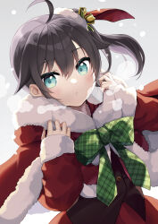 Rule 34 | 1girl, :o, ahoge, bell, black hair, blue eyes, blush, bow, brown vest, capelet, comiket 103, commentary request, fur-trimmed capelet, fur-trimmed sleeves, fur trim, green bow, hair bell, hair between eyes, hair ornament, hands up, highres, hololive, long sleeves, looking at viewer, minamura haruki, natsuiro matsuri, parted lips, plaid, plaid bow, red capelet, red shirt, red skirt, shirt, side ponytail, skirt, sleeves past wrists, solo, upper body, vest, virtual youtuber