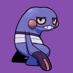 Rule 34 | bear ringer, commentary request, creatures (company), croagunk, from side, full body, game freak, gen 4 pokemon, looking at viewer, nintendo, no humans, pokemon, pokemon (creature), purple background, simple background, solo, teeth, yellow eyes