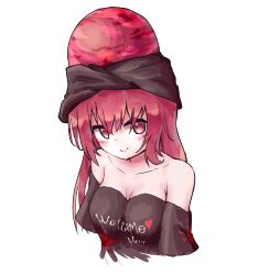 Rule 34 | 1girl, bare shoulders, black hat, breasts, closed mouth, clothes writing, collarbone, commentary, hat, hecatia lapislazuli, highres, looking at viewer, medium breasts, medium hair, red eyes, red hair, simple background, smile, solo, touhou, upper body, white background, zojik