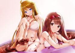 Rule 34 | 2girls, absurdres, ahoge, bare shoulders, barefoot, bikini, blue eyes, blush, breasts, brown eyes, brown hair, chocolate bath, cleavage, closed mouth, collarbone, commentary, dot nose, flower, food, food on body, food on face, front-tie bikini top, front-tie top, gradient background, hair flower, hair ornament, hairband, hand up, highres, idolmaster, idolmaster million live!, idolmaster million live! theater days, large breasts, leg up, light brown background, long hair, looking at viewer, masaki728o, medium breasts, multiple girls, red flower, red hairband, red rose, rose, shy, sitting, smile, soles, swept bangs, swimsuit, tanaka kotoha, toes, tokoro megumi, tongue, tongue out, white bikini