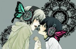 Rule 34 | 2boys, axis powers hetalia, black hair, blonde hair, bug, butterfly, eye contact, grey background, headphones, holding hands, insect, japan (hetalia), looking at another, male focus, multiple boys, open mouth, russia (hetalia), simple background, vocaloid, wings