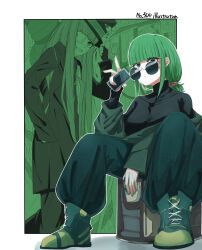 Rule 34 | 2girls, baggy pants, black skirt, blunt bangs, border, cellphone, covered collarbone, cup, disposable cup, earrings, english text, eyepatch, green footwear, green hair, green jacket, green theme, hair ornament, hair scrunchie, hand in pocket, hand up, hat, highres, holding, holding cup, holding phone, inset border, jacket, jewelry, long hair, long sleeves, looking at viewer, medical eyepatch, multiple girls, off shoulder, original, pants, phone, round eyewear, scrunchie, sidelocks, sitting, skirt, smartphone, tinted eyewear, top hat, turtleneck, v, white border, yuindesu