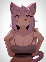 Rule 34 | 1girl, absurdres, ahoge, animal ear fluff, animal ears, black tank top, breasts, cat ears, cat girl, cat tail, cleavage, cocomayo29 (tomato), heart, heart-shaped pupils, highres, hololive, large breasts, looking at viewer, medium hair, nekomata okayu, purple eyes, purple hair, smile, solo, symbol-shaped pupils, tail, tank top, tongue, tongue out, virtual youtuber