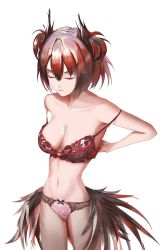 Rule 34 | 1girl, absurdres, animal ears, arknights, arms behind back, bird ears, bird girl, bird tail, black bow, bow, bow panties, bra, breasts, cleavage, closed eyes, closed mouth, collarbone, cowboy shot, fiammetta (arknights), hair between eyes, highres, lace, lace bra, large breasts, panties, pink panties, red bra, red hair, short hair, simple background, solo, standing, strap slip, tail, tflop (tea flop), underwear, underwear only, undressing, white background