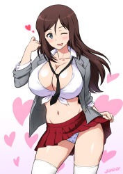 Rule 34 | 10s, 1girl, ;p, artist name, black necktie, blush, breasts, brown hair, cleavage, clothes lift, collarbone, collared shirt, covered erect nipples, cowboy shot, dress shirt, eyebrows, flashing, front-tie top, girls und panzer, gradient background, grey jacket, groin, hair between eyes, hand up, heart, heart background, jacket, joy ride, large breasts, lifting own clothes, long hair, looking at viewer, megumi (girls und panzer), miniskirt, navel, necktie, one eye closed, open clothes, open jacket, panties, pleated skirt, print panties, red skirt, shiny skin, shirt, signature, skirt, skirt lift, smile, solo, star (symbol), star print, stomach, thighhighs, tied shirt, tongue, tongue out, unbuttoned, unbuttoned shirt, underwear, upskirt, white background, white shirt, white thighhighs