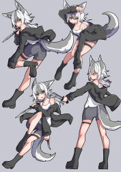 Rule 34 | 1girl, absurdres, animal ear fluff, animal ears, animal hood, arm up, bare shoulders, black footwear, black jacket, boots, camisole, closed mouth, commentary request, fake animal ears, grey background, grey hair, grey shorts, hair between eyes, highres, holding, holding knife, hood, hood down, hooded jacket, jacket, knife, kuroyuri (sakurayuki lily), long hair, long sleeves, multicolored hair, multiple views, off shoulder, open clothes, open jacket, open mouth, original, outstretched arm, puffy long sleeves, puffy sleeves, shoe soles, shorts, simple background, sleeves past wrists, standing, standing on one leg, tail, two-tone hair, white camisole, white hair, yellow eyes