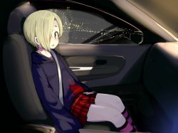 Rule 34 | 1girl, blonde hair, blood, blood stain, blush, car interior, chain, city lights, cityscape, commentary request, hair over one eye, highres, hood, hoodie, idolmaster, idolmaster cinderella girls, kneehighs, looking at viewer, miniskirt, mirror, momo (higanbana and girl), night, parted lips, piercing, pleated skirt, red eyes, seatbelt, shirasaka koume, short hair, sitting, skirt, sleeves past fingers, sleeves past wrists, socks, solo, striped clothes, striped socks