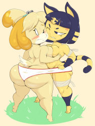 Rule 34 | 2girls, anger vein, animal crossing, ankha (animal crossing), ass, barefoot, blush, breast press, breasts, butt crack, cheek-to-cheek, furry, heads together, huge ass, isabelle (animal crossing), multiple girls, nintendo, panties, purple-yoshi-draws, shared clothes, symmetrical docking, underwear