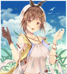 Rule 34 | 1girl, absurdres, akisaki, atelier (series), atelier ryza, atelier ryza 1, bare shoulders, beret, bird, black gloves, black ribbon, blue sky, breasts, brown eyes, brown hair, cloud, collarbone, commentary request, day, gloves, hair ornament, hair ribbon, hairclip, hands up, hat, highres, jewelry, looking at viewer, medium breasts, midriff peek, open mouth, pendant, plant, reisalin stout, ribbon, shirt, short hair, signature, single glove, sky, solo, star (symbol), upper body, white hat, white shirt