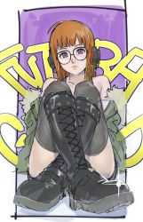 Rule 34 | 1girl, artist request, blush, boots, character name, collarbone, glasses, headphones, highres, jacket, lips, looking at viewer, orange hair, persona, persona 5, purple eyes, sakura futaba, sitting, solo, thighhighs