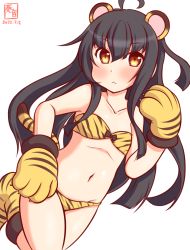 Rule 34 | 1girl, :3, ahoge, alternate costume, animal ears, animal hands, artist logo, bikini, black hair, brown hair, commentary request, cowboy shot, dated, gloves, kanon (kurogane knights), kantai collection, long hair, looking at viewer, mikazuki (kancolle), one-hour drawing challenge, paw gloves, simple background, solo, strapless, strapless bikini, swimsuit, tail, tiger ears, tiger tail, white background