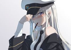Rule 34 | 1girl, adjusting clothes, adjusting headwear, azur lane, bare shoulders, blush, breasts, collar, embarrassed, enterprise (azur lane), food, gotyou, hat, jacket, long hair, long sleeves, looking at viewer, necktie, off shoulder, peaked cap, pocky, pocky day, purple eyes, silver hair, simple background, solo, white background