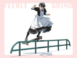 Rule 34 | 1girl, apron, black dress, black hair, black pantyhose, brown footwear, closed eyes, closed mouth, commentary, dress, earrings, frills, hair ornament, hairclip, jewelry, long sleeves, maid, maid apron, maid headdress, on railing, original, pantyhose, pink background, railing, shadow, shoes, short hair, skateboard, skateboarding, smile, sneakers, solo, suzushiro (suzushiro333), two-tone background, white background