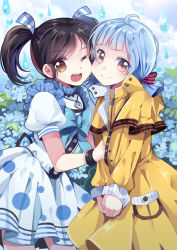 Rule 34 | 2girls, ;d, ahoge, bad id, bad pixiv id, black hair, blue hair, blush, bow, brown eyes, capelet, charlotte (cyphers), chocho (homelessfox), cyphers, dress, flower, hydrangea, looking at viewer, marlene (cyphers), multiple girls, one eye closed, open mouth, short twintails, smile, twintails, v arms, water drop, wink