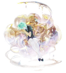 Rule 34 | 1other, androgynous, aqua hair, arm pillow, az rei, bare arms, belt, black footwear, black necktie, blurry, bokeh, closed eyes, crossed ankles, crystal hair, depth of field, floating, flower, full body, gem uniform (houseki no kuni), golden arms, head rest, highres, houseki no kuni, leaning to the side, lotus, melting, necktie, other focus, pale skin, phosphophyllite, puffy short sleeves, puffy sleeves, shoes, short hair, short sleeves, simple background, sitting, sleeping, solo, sparkle, white background