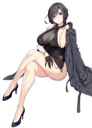 Rule 34 | 1girl, ark royal (azur lane), ark royal (guardian of the ball) (azur lane), ass, azur lane, bare legs, bare shoulders, black coat, black dress, black footwear, black gloves, black hair, breasts, cleavage, closed mouth, coat, collarbone, commentary request, crossed legs, dress, gloves, gradient hair, grey eyes, half gloves, halter dress, halterneck, hand up, high heels, highres, icomochi, invisible chair, jacket, jacket on shoulders, large breasts, looking at viewer, multicolored hair, short hair, simple background, sitting, sleeveless, sleeveless dress, solo, thighs, white background