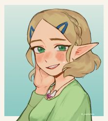 Rule 34 | 1girl, artist name, blue eyes, blush, braid, brown hair, gradient background, green background, green shirt, hand on own cheek, hand on own face, highres, jewelry, looking at viewer, necklace, nintendo, open mouth, outside border, pointy ears, princess zelda, sharlene yap, shirt, short hair, simple background, solo, teeth, the legend of zelda, the legend of zelda: breath of the wild, the legend of zelda: tears of the kingdom, twitter username, upper body, upper teeth only