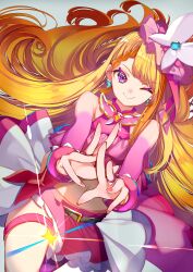 Rule 34 | 1girl, :&gt;, absurdres, blonde hair, bracelet, braid, cowboy shot, crop top, cure butterfly, dot nose, dutch angle, earrings, hat, highres, hirogaru sky! precure, jewelry, long hair, looking at viewer, magical girl, mob cap, multicolored hair, nail polish, navel, one eye closed, open hands, orange hair, own hands together, parted bangs, petticoat, pink hat, pink nails, pink skirt, pleated skirt, precure, purple eyes, ring, shirt, sidelocks, skirt, sleeveless, sleeveless shirt, solo, stomach, thigh strap, thighs, two-tone hair, v-shaped eyebrows, yuutarou (fukiiincho)