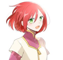 Rule 34 | 1girl, :d, akagami no shirayukihime, green eyes, hair between eyes, layered sleeves, long sleeves, looking at viewer, lowres, open mouth, red hair, shirayuki (akagami no shirayukihime), short hair, short over long sleeves, short sleeves, shumiko (kamenokoueki), simple background, smile, solo, upper body, white background