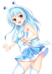 Rule 34 | 1girl, :d, bare arms, bare shoulders, blue hair, blue hairband, blue skirt, blush, breasts, brown eyes, fingernails, hair between eyes, hairband, highres, large breasts, long hair, looking at viewer, open mouth, original, pleated skirt, shirt, simple background, skirt, sleeveless, sleeveless shirt, smile, solo, thighhighs, translation request, umitonakai, very long hair, white background, white shirt, white thighhighs