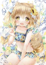 Rule 34 | 1girl, :d, animal ears, between legs, bikini, blue bikini, blush, bow, bow bikini, floral print, flower, frilled bikini, frills, hair between eyes, hair flower, hair ornament, hairpin, hand between legs, hand up, highres, holding, holding spoon, light brown hair, looking at viewer, medium hair, moco ofuton, open mouth, original, sidelocks, smile, solo, spoon, sunflower, swimsuit, tail, twintails, yellow bow, yellow eyes