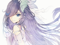 Rule 34 | 1girl, bare shoulders, blue eyes, closed mouth, commentary request, dress, floating hair, from side, fu hua, grey background, hair over one eye, honkai (series), honkai impact 3rd, long hair, looking at viewer, looking to the side, purple hair, smile, solo, upper body, ura (hamburg oniku), very long hair, white background, white dress