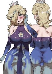 Rule 34 | 1girl, alternate costume, ass, back, bare shoulders, blonde hair, blue eyes, blush, breasts, commentary, commentary request, crown, curvy, dress, earrings, elbow gloves, evening gown, from behind, gloves, gradient clothes, hair ornament, hand in own hair, highres, jewelry, large breasts, looking at viewer, mario (series), mario kart, mario kart tour, nintendo, one eye covered, open mouth, rosalina, rosalina (aurora), simple background, skin tight, solo, toggy keiichi, white background