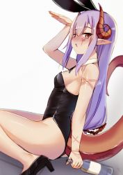Rule 34 | 1girl, :o, animal ears, arm up, bare arms, bare legs, bare shoulders, black footwear, black leotard, blurry, blush, borrowed character, bottle, breasts, commentary request, curled horns, detached collar, dragon girl, dragon horns, dragon tail, fake animal ears, from side, hair ornament, high heels, highres, holding, holding bottle, horns, kure (kure ng), leotard, long hair, looking at viewer, looking to the side, melusine (ibuki notsu), nose blush, original, parted lips, playboy bunny, pointy ears, purple hair, rabbit ears, red eyes, sidelocks, simple background, slit pupils, small breasts, solo, tail, thighs, very long hair, white background, wine bottle