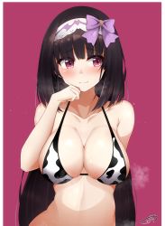 Rule 34 | 1girl, absurdres, animal print, bikini, black hair, blush, breasts, cleavage, collarbone, cow print, fate/grand order, fate (series), highres, large breasts, long hair, looking to the side, narusan beam2, osakabehime (fate), pink background, purple eyes, signature, simple background, solo, swimsuit, upper body