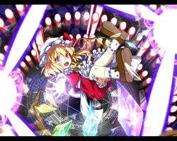 Rule 34 | 1girl, ascot, blonde hair, danmaku, female focus, flandre scarlet, hat, letterboxed, mount whip, open mouth, red eyes, short hair, side ponytail, socks, solo, touhou, wings