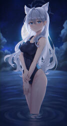 Rule 34 | 1girl, absurdres, animal ear fluff, animal ears, black one-piece swimsuit, blue archive, blue eyes, breasts, cloud, competition swimsuit, covered navel, cross hair ornament, extra ears, feet out of frame, full moon, grey hair, hair ornament, halo, highres, lala 2080, large breasts, long hair, low ponytail, mismatched pupils, moon, multicolored clothes, multicolored swimsuit, night, night sky, one-piece swimsuit, ripples, shiroko (blue archive), shiroko (swimsuit) (blue archive), shiroko terror (blue archive), sky, solo, swimsuit, wading, water, wolf ears