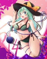 Rule 34 | 1girl, alternate hair length, alternate hairstyle, barefoot, bikini, black hat, bow, breasts, cleavage, full body, green bikini, green hair, hat, hat bow, heart, heart-shaped pupils, heart of string, jyaoh0731, koishi day, komeiji koishi, large breasts, long hair, looking at viewer, open mouth, solo, swimsuit, symbol-shaped pupils, thighs, third eye, touhou, yellow bow