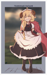 Rule 34 | 1girl, absurdres, ahoge, apron, apron lift, artist name, black footwear, blonde hair, blush, boots, character name, closed eyes, clothes lift, collarbone, facing viewer, grin, hair ornament, hairclip, high heel boots, high heels, highres, hololive, horns, kappce, long hair, parted lips, sheep horns, short sleeves, smile, solo, swept bangs, teeth, tsunomaki watame, twitter username, virtual youtuber