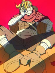 Rule 34 | 1boy, bandaged arm, bandaged hand, bandages, bandana, black eyes, black hair, clenched teeth, commentary request, crying, crying with eyes open, curly hair, goggles, goggles on headwear, highres, holding, holding mask, long nose, male focus, mask, one piece, shiruko (mikan4649), solo, tears, teeth, usopp