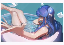Rule 34 | 1girl, aqua background, bathing, bathtub, blue hair, border, bow, breasts, bubble, caustics, crossed ankles, highres, long hair, looking at viewer, ossan zabi 190, outstretched hand, ranma 1/2, red eyes, shampoo (ranma 1/2), small breasts, solo, thighs, tongue, tongue out, water, white border, white bow